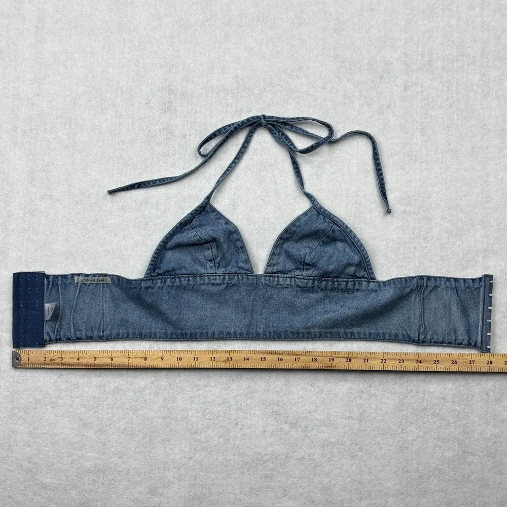 Emma & Sam Crop Top Womens Small Blue Denim Triangle Halter Hook Eye Bralette